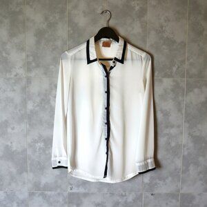 Kashieca White Sheer Button Down Blouse Black Contrast Trim XS Preppy Office